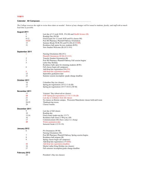 2012 Academic Calendar - MCPHS.edu
