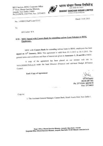 MOU signed with Canara Bank, valid from 01-11-2012 to 30-11