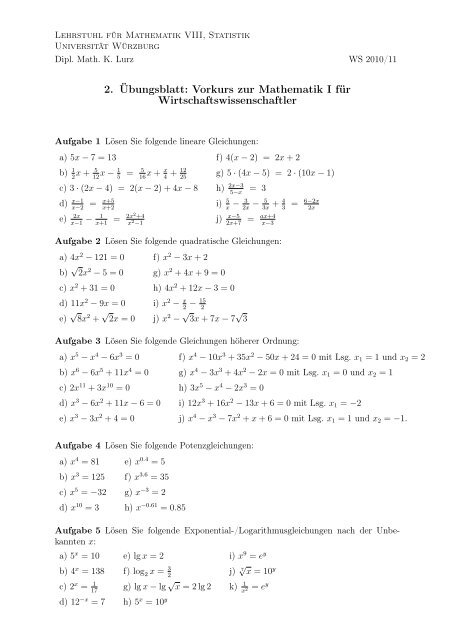 Ãbungsblatt 2 - Lehrstuhl fÃ¼r Mathematische Statistik Uni WÃ¼rzburg