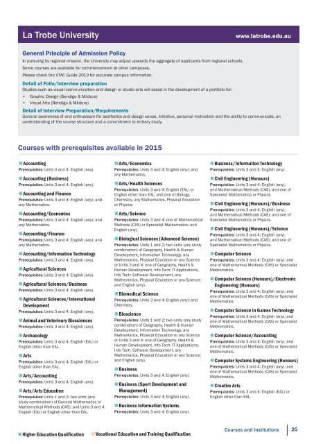 VICTER 2015: Victorian Tertiary Entrance Requirements - VTAC