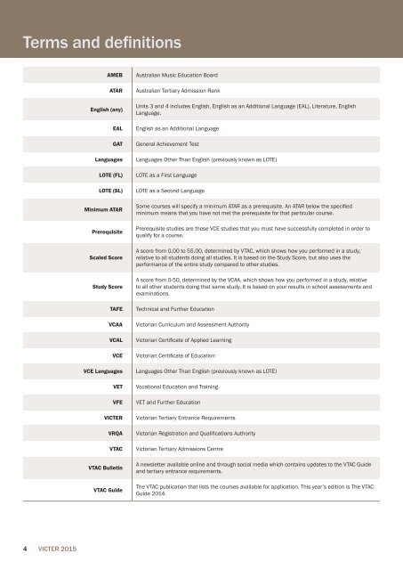 VICTER 2015: Victorian Tertiary Entrance Requirements - VTAC