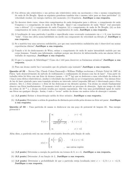 Prova IV - Instituto de FÃ­sica da UFBA - Universidade Federal da Bahia