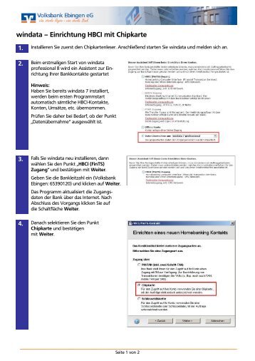 windata – Einrichtung HBCI mit Chipkarte - Volksbank Ebingen eG