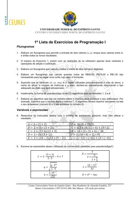 Lista 01 - CEUNES - Universidade Federal do EspÃ­rito Santo