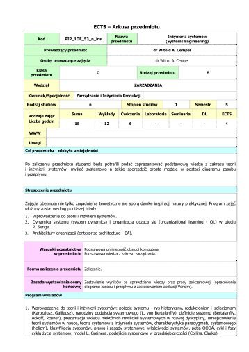 Prowadzący przedmiot - Wydział Zarządzania - AGH