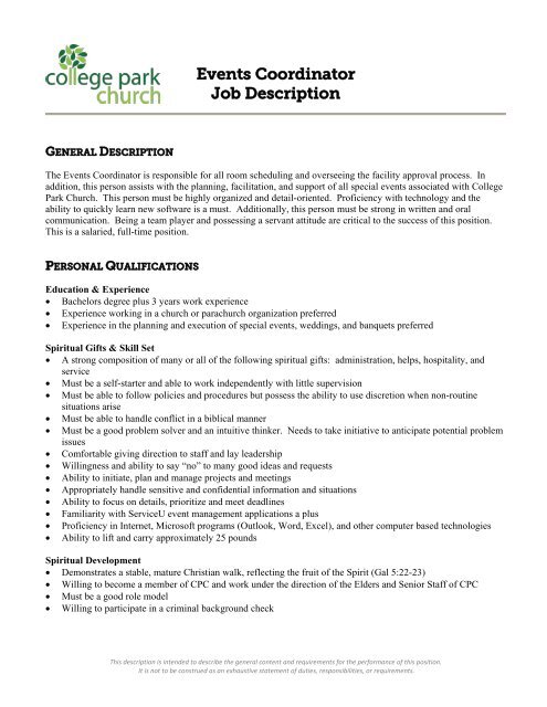 Events Coordinator Job Description - College Park Church