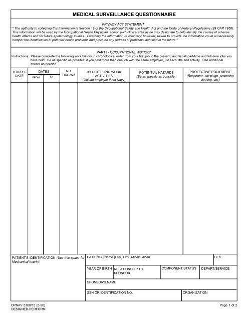 OPNAV 5100/15 - Medical Surveillance Questionnaire