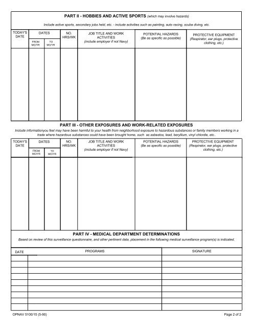 OPNAV 5100/15 - Medical Surveillance Questionnaire