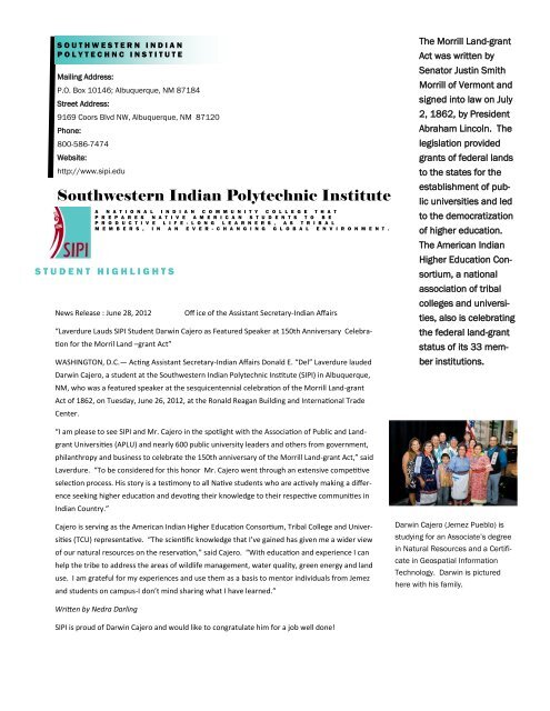 August Newsletter - Southwestern Indian Polytechnic Institute