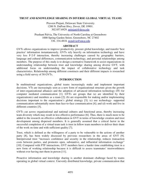 Trust and Knowledge Sharing in Diverse Global Virtual Teams