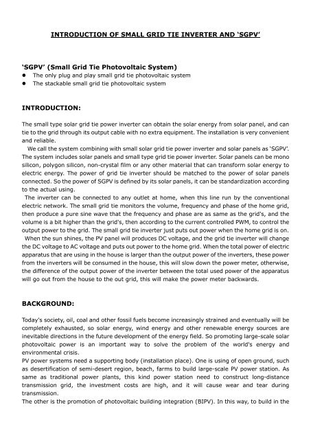 INTRODUCTION OF SMALL GRID TIE INVERTER AND - Solar Panels