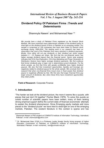 Dividend Policy Of Pakistani Firms :Trends and Determinants