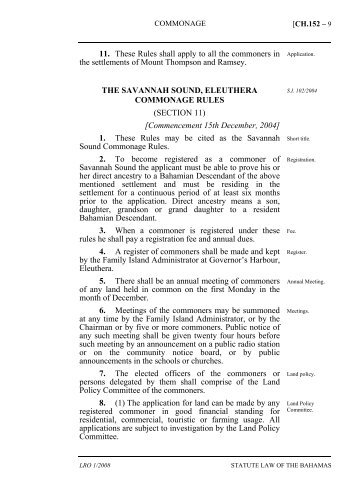 Savannah Sound Commonage Rules - The Bahamas Laws On-Line