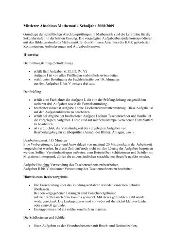 Mittlerer Abschluss Mathematik Schuljahr 2008/2009 Hinweise