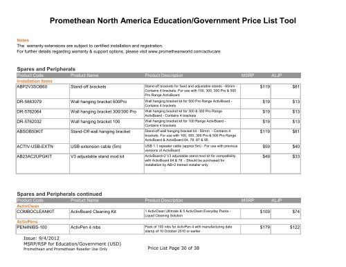 Promethean North America Education/Government Price List Tool