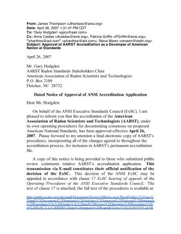 Approval of AARST Accreditation as a Developer of American ...