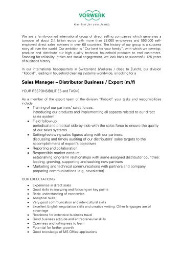 Sales Manager – Distributor Business / Export (m/f) - Vorwerk