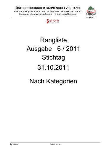 Rangliste 6 / 2011 Kategorie - des BGC Wien