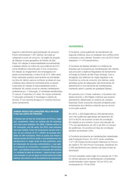 RelatÃ³rio de Sustentabilidade 2010 - versÃ£o portuguÃªs (pdf) - Sabesp