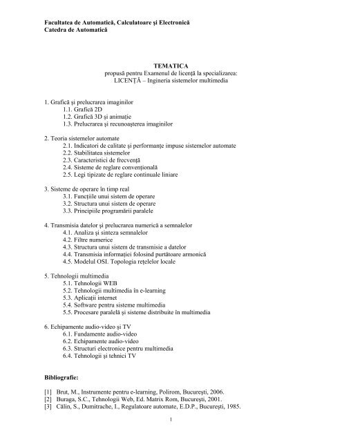 Tematica examen licenta ISM.pdf - Catedra de Automatica Craiova