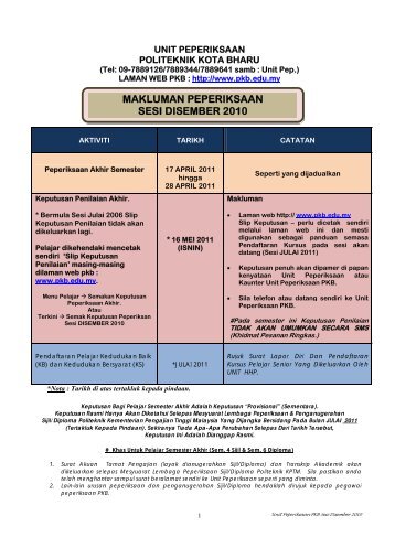 makluman peperiksaan sesi disember 2010 - Politeknik Kota Bharu