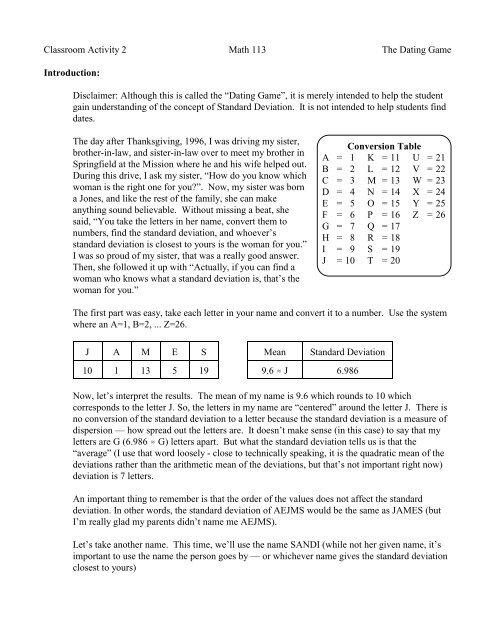 Conversion Table A = 1 B = 2 C = 3 D = 4 E = 5 F = 6 G = 7 H = 8 I ...