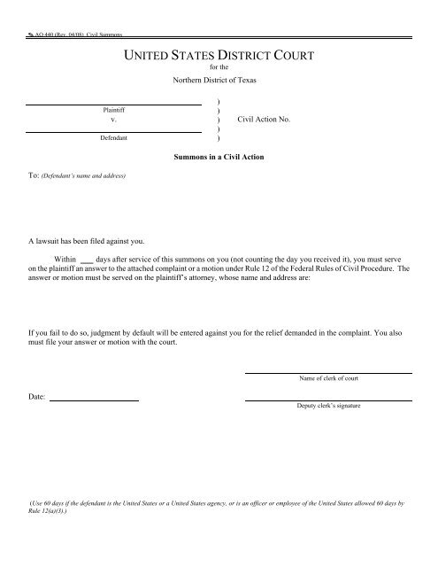 Civil Summons US District Court Northern District of Texas Civil Summons US District Court Northern District of Texas