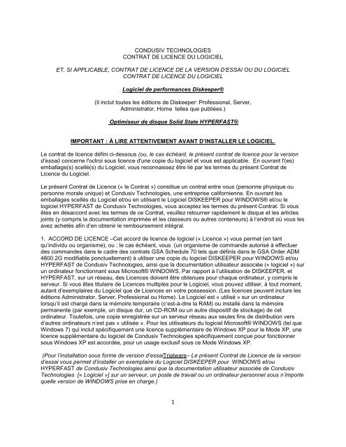 Condusiv Technologies Contrat De Licence Du Logiciel Et Si
