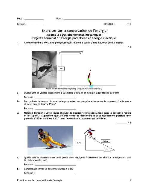 Exercices sur la conservation de l'Ã©nergie - FacultÃ© des sciences et ...