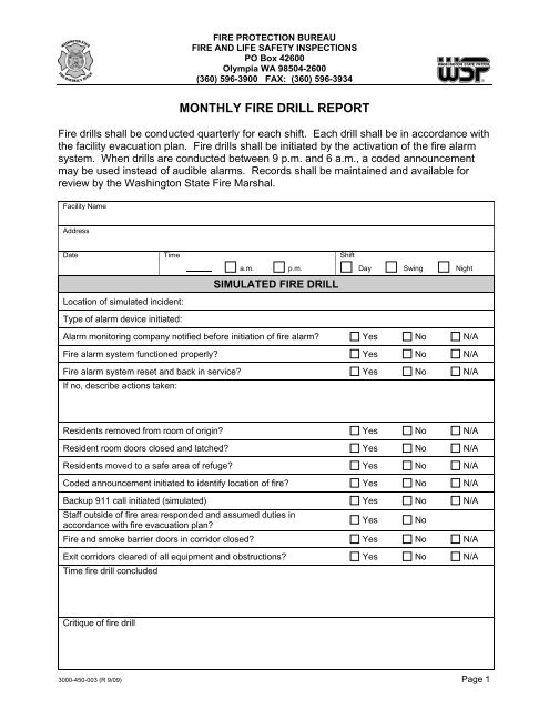 Monthly Fire Drill Report, Revised 9/09 - Washington State Patrol