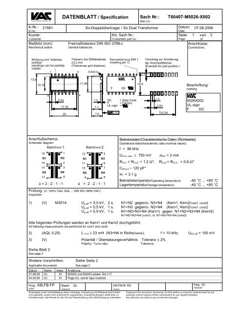 DATENBLATT / Specification Sach Nr.: T60407-M5026-X002