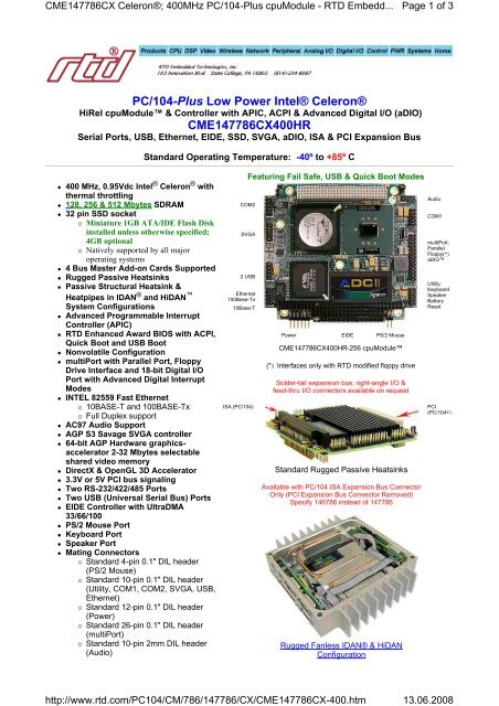 PC/104-Plus Low Power IntelÂ® CeleronÂ® CME147786CX400HR