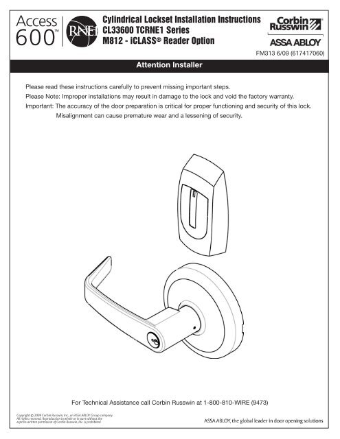 Instructions for Access 600 RNE1 iCLASS Cylindrical Lock