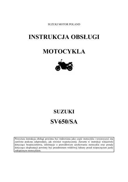 Instrukcja Obsługi Motocykla Sv650/Sa - Suzuki Motor Poland