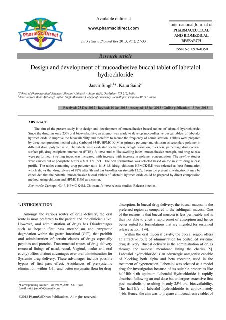 Design and development of mucoadhesive buccal ... - PharmSciDirect