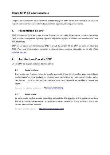 Cours SPIP 2.0 pour rÃ©dacteur 1. PrÃ©sentation de SPIP 2 ...