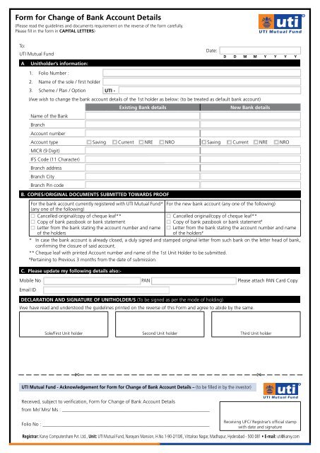 Form for Change of Bank Account Details