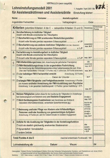 Lohneinstufungsmodell VZK/VSAO fÃ¼r AssistenzÃ¤rztinnen und ...