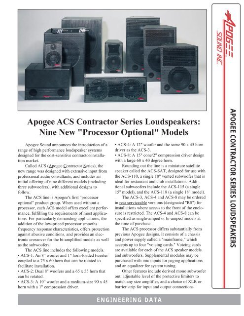 Apogee ACS Contractor Series Sell Sheet - Apogee Sound