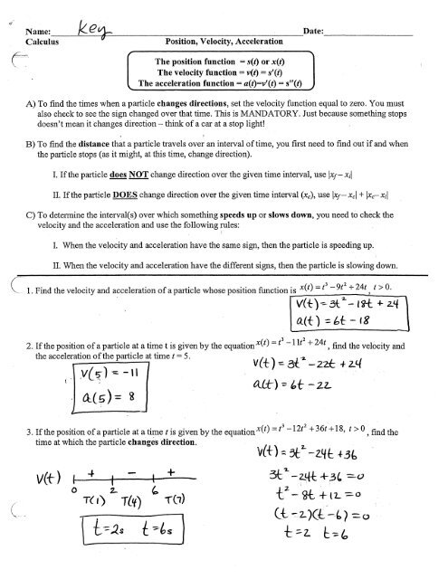 Solutions to position, velocity, and acceleration worksheet