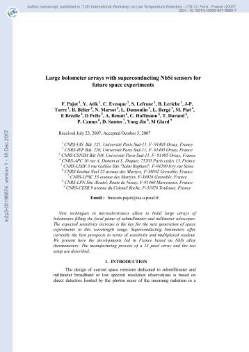 Large bolometer arrays with superconducting NbSi sensors for ...