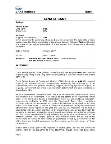 Janata Bank - Credit Rating Agency of Bangladesh