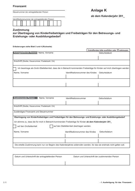 Anlage K - Zustimmung zur Übertragung von ... - Finanzamt