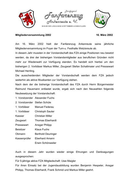 Bericht Mitgliederversammlung 2002 - Fanfarenzug Ankenreute