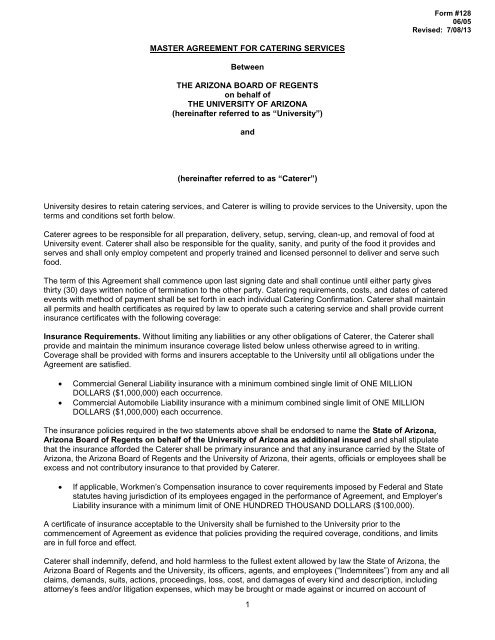 128 Master Agreement for Catering Services - University of Arizona