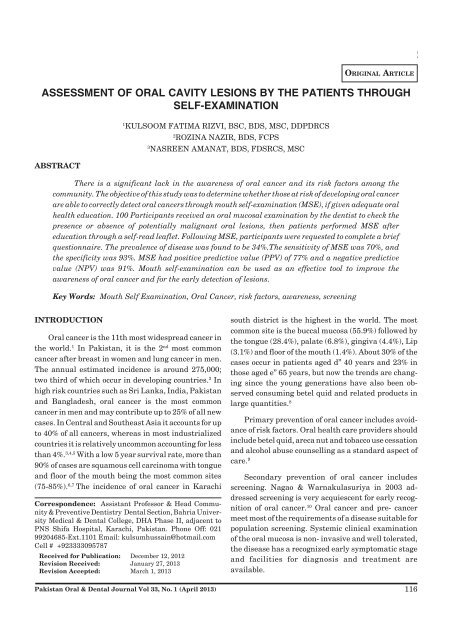 assessment of oral cavity lesions by the patients through self ...