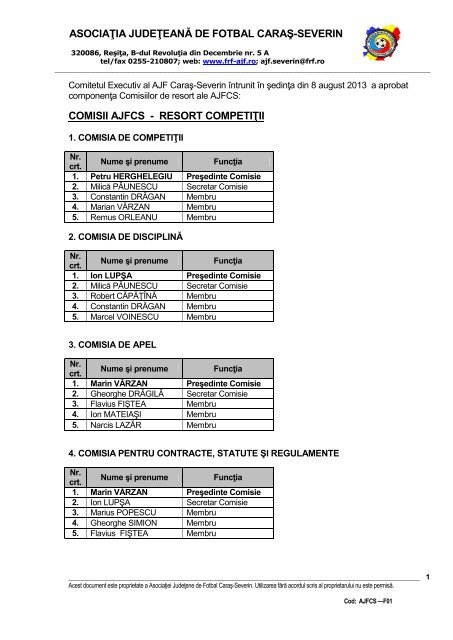 asociaÅ£ia judeÅ£eanÄ de fotbal caraÅ-severin comisii ajfcs - FRF-AJF.ro