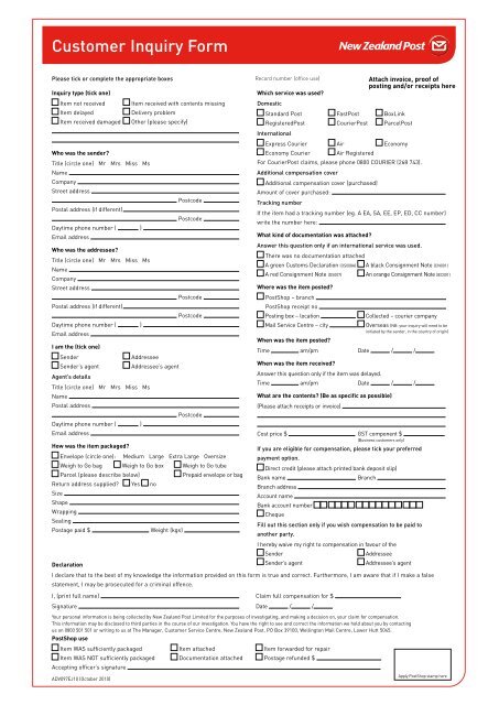 Customer Inquiry Form New Zealand Post