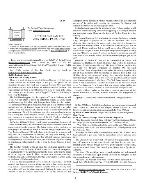 1 ON KI SISA / PARA - 5766 - Internet Parsha Sheet