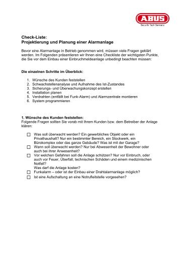 Check-Liste: Projektierung und Planung einer Alarmanlage